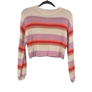 Billabong‎ Striped Knit Sweater Cropped L Lavender Orange Crew Neck Top